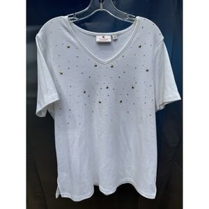 Women's V-Neck Quacker Factory SZ L White Embellished Star Rhinestones Gold Silv
